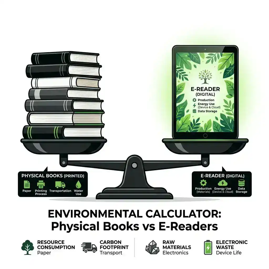 Books vs ebooks calculator interface comparing lifecycle greenhouse gas emissions of printed paper books versus digital e-readers, showing net CO2 savings and mature trees offset equivalents