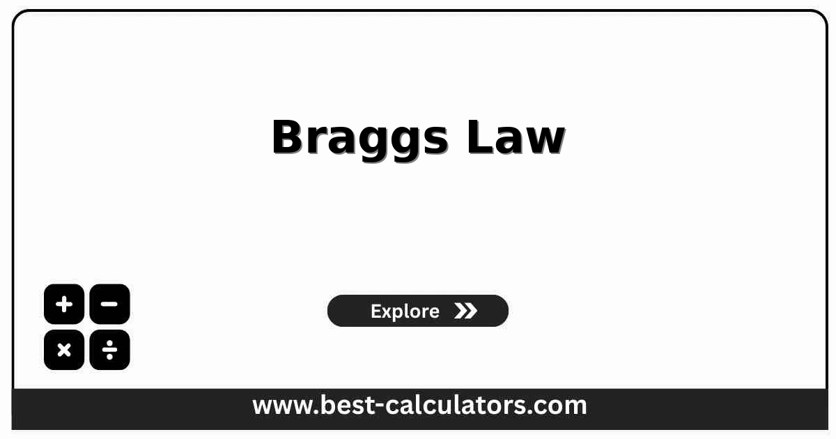 Braggs law calculator interface showing the four variables wavelength, d spacing, angle, and diffraction order with a 2 theta result
