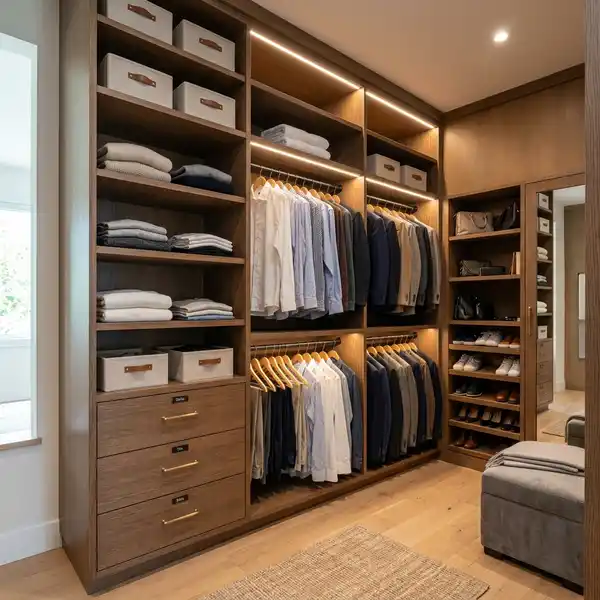 Closet remodel cost calculator interface showing closet layout, material options, accessories, and total cost estimate breakdown