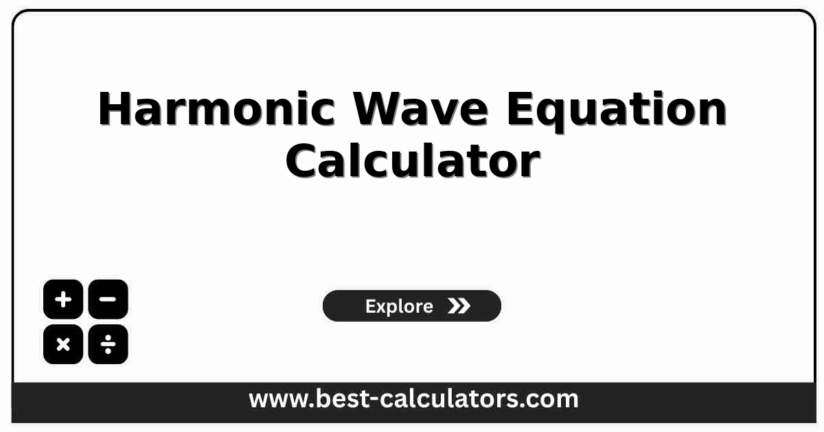 Harmonic wave equation calculator input panel with amplitude, wavelength, frequency, phase, position, and time fields, showing the resulting y(x,t) displacement, wave number, and angular frequency in the result panel