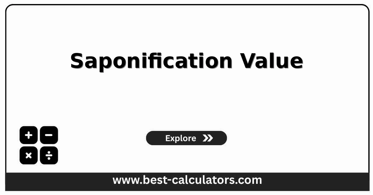 Saponification value calculator interface showing inputs for blank volume, sample volume, acid normality, sample weight, and the resulting saponification value in mg KOH/g and mg NaOH/g