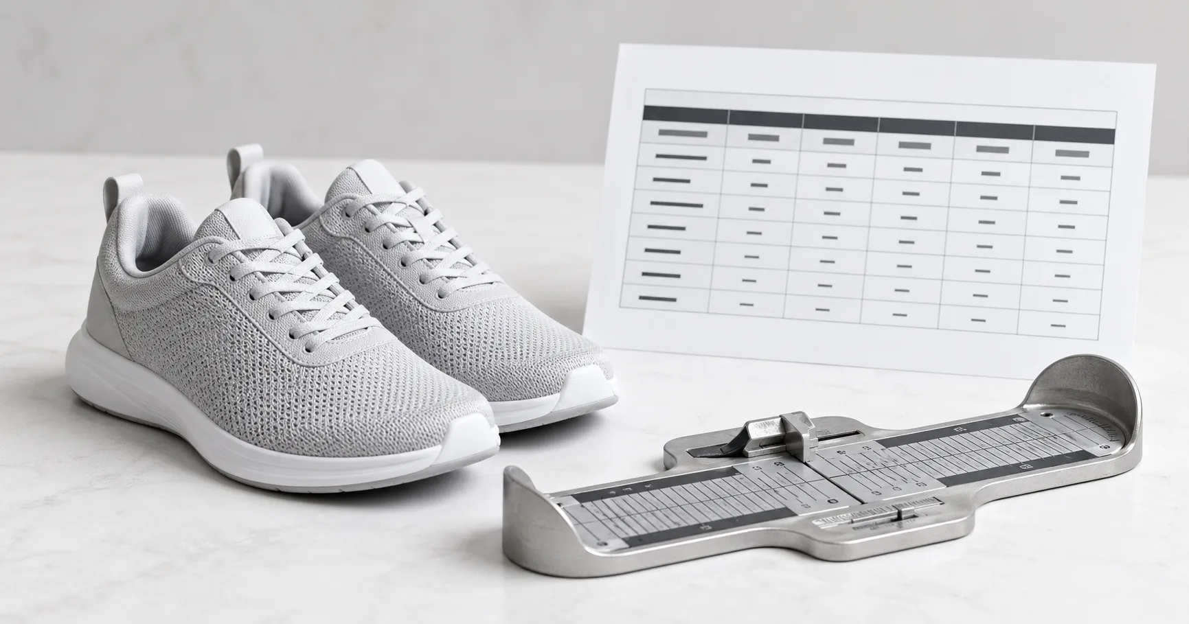 Shoe size converter graphic showing foot length and equivalent US, UK, EU, and CM shoe sizes